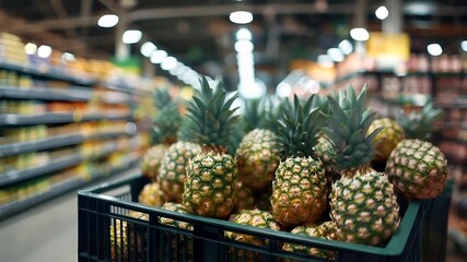A closeup shot of a pineapple in a grocery store setting. The pineapple is prominently displayed in the foreground, with its green and yellow hues standing out against the blurred background.