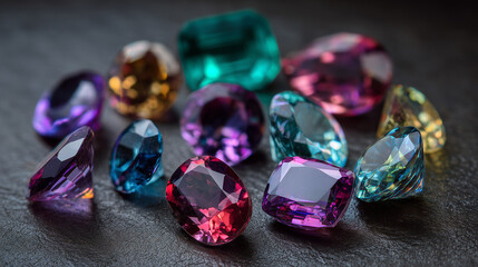 Macro photography of colorful gemstones on a dark background, showcasing sparkling crystals, rich textures, and luxurious details, perfect for jewelry, luxury, and abstract design concepts.