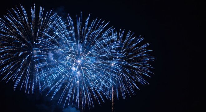 Brilliant blue fireworks burst across a black night sky, dazzling display