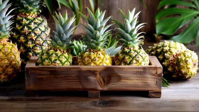 A closeup shot of a wooden crate filled with ripe pineapples on a wooden surface.