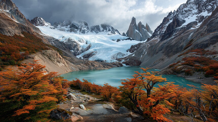 Majestic glacier meeting a turquoise lake in autumn colors, featuring mountains, reflections, and serene wilderness. Perfect for travel, nature, climate, and landscape themes.