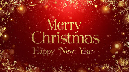 Festive Christmas and New Year greeting with golden text on a red background, adorned with snowflakes and bokeh lights.