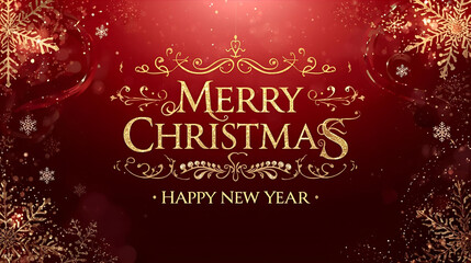 Festive Christmas greeting with elegant gold lettering and decorative snowflakes on a rich red background.