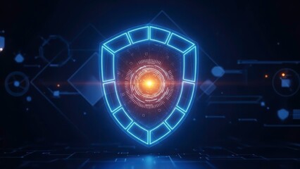 Digital Shield of Security: A radiant, futuristic shield symbolizes cybersecurity, data protection, and online safety within a technological, abstract landscape.