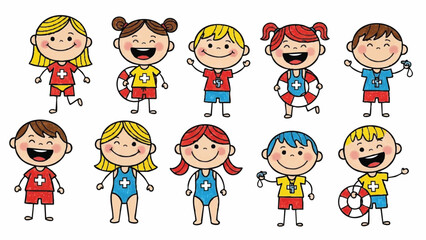 Diverse Group of Happy Cartoon Children Ready for Summer Water Fun and Swimming