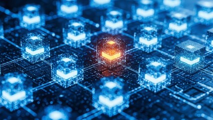 Digital Network Security: Abstracted view of a blockchain network, its complex interconnected structure and secured data pathways.