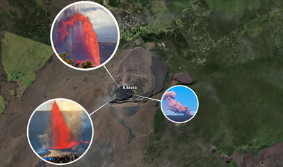 illustration of a space photo of Hawaii's Kilauea volcano with a photo of a lava eruption. Volcanic activity in Hawaii, illustrated. Kilauea volcano as seen from space.