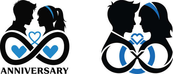 Fototapeta premium Couple Silhouettes with Infinity Symbol and Hearts love romance