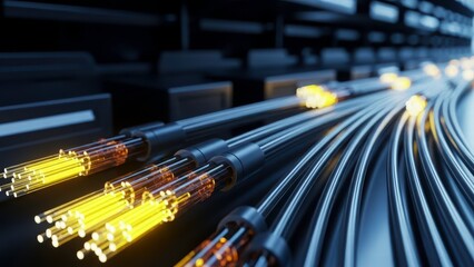 Illuminated Fiber Optic Cables: The image portrays a network of fiber optic cables glowing with a radiant energy, representing high-speed communication and the digital world.