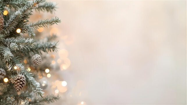 Close-up of a frosted Christmas tree branch with pinecones and twinkling lights, blurred background. - Powered by Adobe