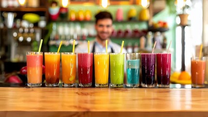 A bartender behind the counter in a welllit bar setting, with a colorful array of beverages in the background. The bartender is wearing a blue shirt and has a friendly smile.