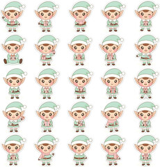 Cute Kawaii Christmas Elf Vector Sticker Set, Pastel Holiday Helper Mascot Collection