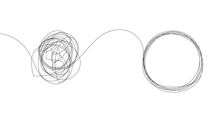 Chaotically tangled line and untied knot in form of circle. Psychotherapy concept of solving problems is easy. Unravels chaos and mess difficult situation. Doodle vector illustration 