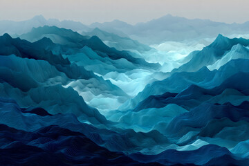 Abstract blue mountains with rippling textures and hazy atmosphere creating a sense of depth and serenity