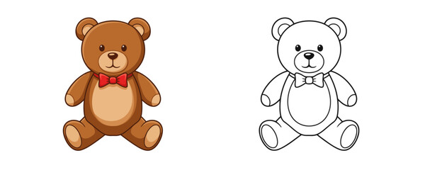 Obraz premium Vector illustration featuring a cute brown cartoon teddy bear wearing a red bow tie sitting down and a black outline drawing of the same toy