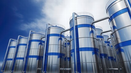 Industrial Silos Against a Blue Sky: A cluster of massive industrial silos stands tall against a brilliant, cloud-speckled sky. Capturing industrial efficiency.