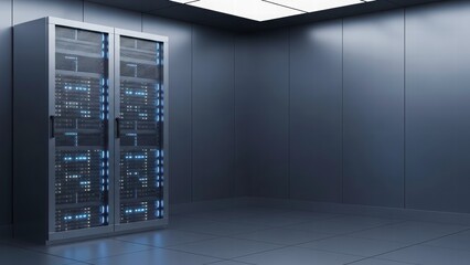Data Center Infrastructure: A pair of server racks stand in a high-tech data center, an emblem of digital infrastructure. showcasing technological capabilities and network architecture.