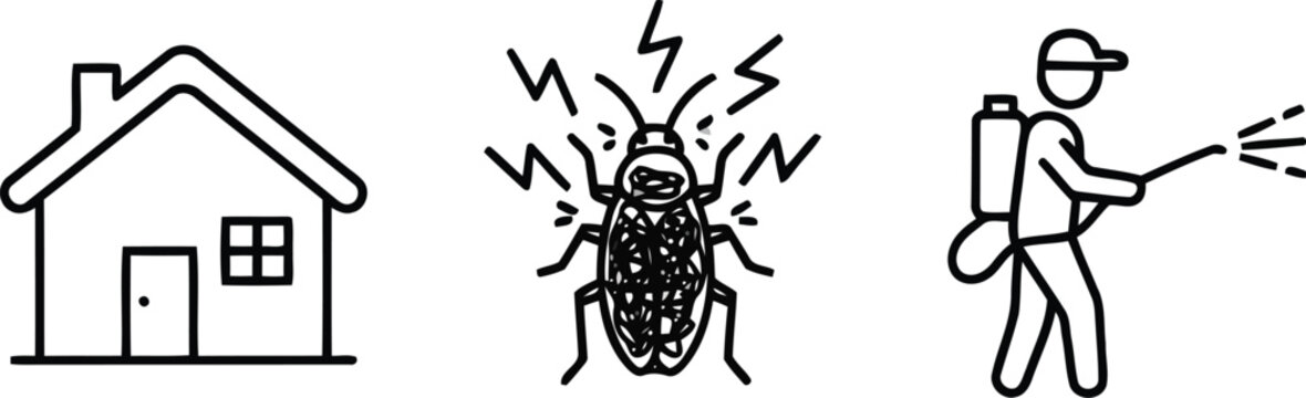 Residential pest control icons: house insect extermination & disinfection service