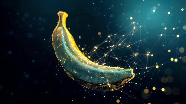 A digital artwork of a banana, rendered in a golden hue, set against a deep blue background. The banana is depicted with a network of dots and lines, giving it a digital, almost ethereal quality.