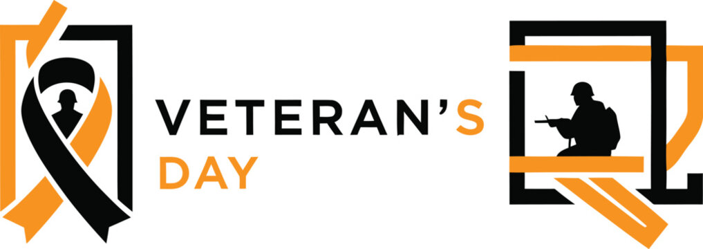 Veteran's Day graphic with soldier silhouette and ribbon military - Powered by Adobe
