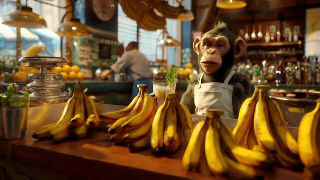 A vivid portrayal of a monkey in a bar setting, with a glass of milkshake garnished with a mint leaf. The monkey is dressed in a white apron, suggesting a professional setting.