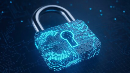 Digital Fortress: A luminescent digital padlock symbolizes robust security and data protection against cyber threats. It conveys safety and privacy in the digital realm.