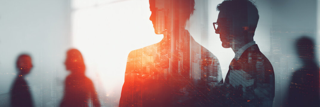 Silhouette of business people work together in office. Concept of teamwork and partnership. double exposure with light effects 