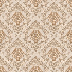 brown damask floral seamless pattern on beige background, a refined damask floral pattern designed as an elegant damask floral seamless style for luxury wallpaper and textile decor.
