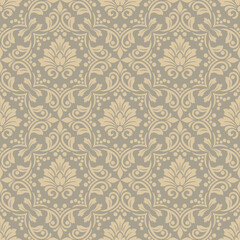 cream damask floral seamless pattern on grey background, a refined damask floral pattern designed as an elegant damask floral seamless style for luxury wallpaper and textile decor.