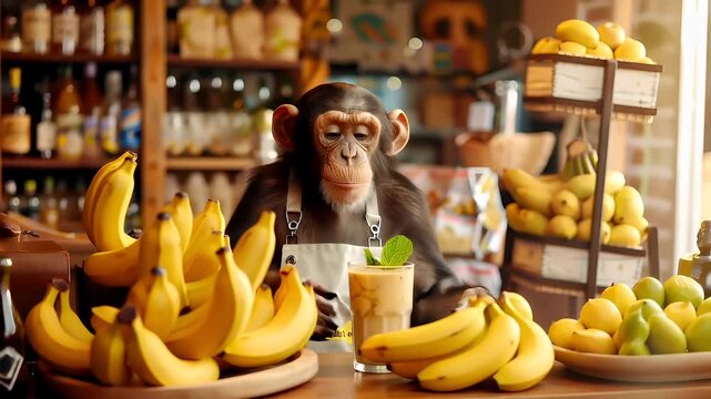 A monkey in a grocery store with a banana smoothie in its hand. The monkey is wearing a white apron and is holding a glass of the smoothie.