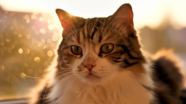 The cat gazes intently while the cat's fur glows in the warm sunlight. The cat's eyes reflect the sunlight, capturing the serene atmosphere around the cat.