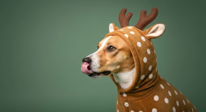 Dog in deer costume licks nose, studio shot against green background