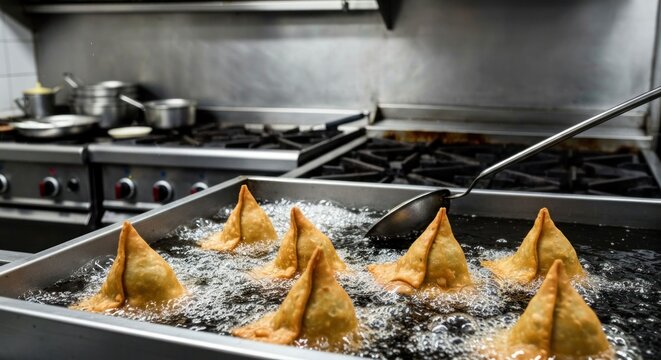 Deep-fried triangular pastries bubbling in a restaurant's kitchen