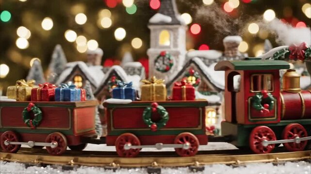 Festive Christmas train set with gifts and a snowy village backdrop.