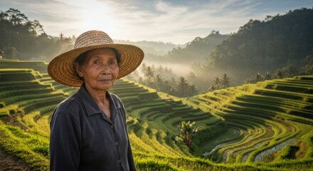 Elderly woman in hat poses at rice terraces in the sunlight