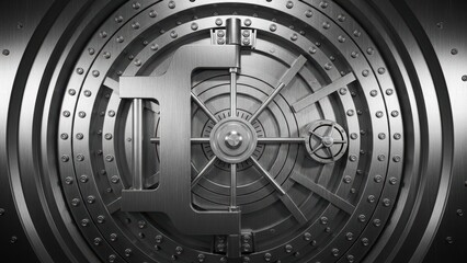 Vault Door: A monumental vault door, symbol of security and financial safeguarding, dominates the scene, its intricate design and robust construction evoking a sense of impregnability.
