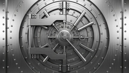 Vault Door Security: A close-up view of a massive steel vault door, its intricate locking mechanism and robust construction exuding an aura of impenetrable security and financial stability.