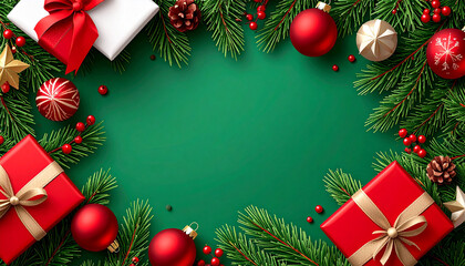 Fir leaves with golden baubles stars lighting garland decorated on red background and space for yo
15
