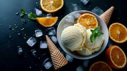 A closeup shot of a bowl of vanilla ice cream with orange slices and mint leaves, set against a dark background with water droplets and scattered ice cubes.