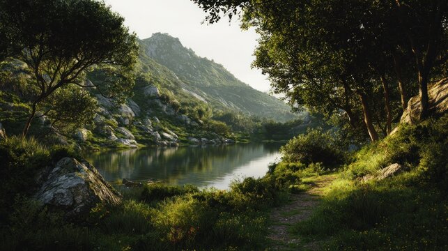 Serene Mountain Lake Landscape with Lush Green Vegetation and Rocks