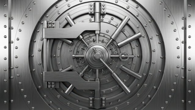 Vault Door Security: A close-up view of a massive steel vault door, its intricate locking mechanism and robust construction exuding an aura of impenetrable security and financial stability.