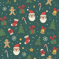 Seamless Christmas Doodle Pattern Vector, Hand Drawn Santa Tree Gift Background for Print Design