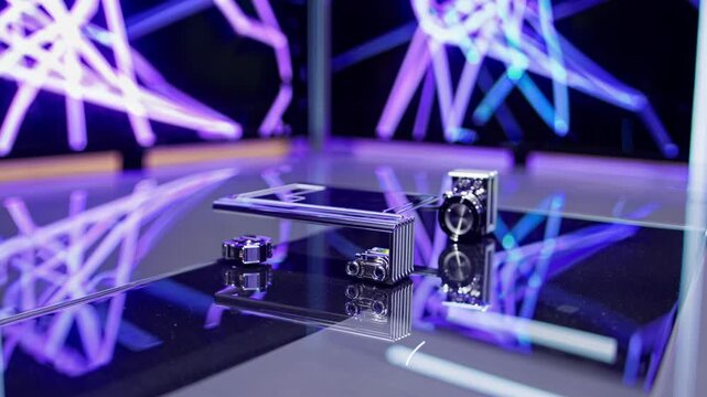 Electronic cigarette mod with tank, fire button, and adjustable airflow ring, placed on a glass surface reflecting neon lights creating a futuristic and vaping cyberpunk atmosphere