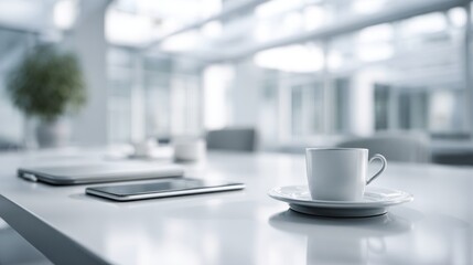 Clean Workspace Setting with Coffee Cup, Mobile Phone and Laptop on a Table