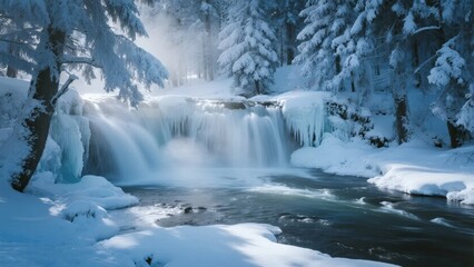 Snow-covered waterfall in a winter forest with icy formations and flowing water