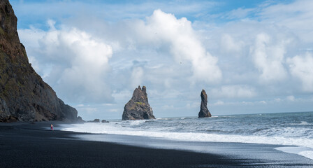 Reynisfjara Volcanic Beach and the famous reynisdrangar rocks on the south coast  of Iceland