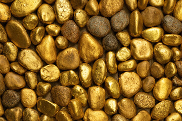 A close up view of many gold nuggets mixed with stones