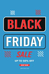 Fototapeta premium Black Friday sale background up to 50% off fifty percent off, shop now. Modern design. Background for posters, banners, card. Vector illustration.