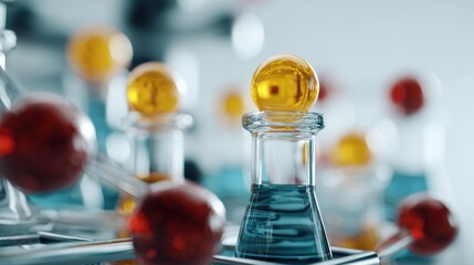 Close-up of Laboratory Glassware with Colorful Liquids for Research and Development