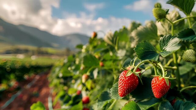 A vivid, closeup shot of a strawberry plant with a focus on its ripe strawberries. The strawberries are in full bloom, with a rich red hue and white seeds visible.